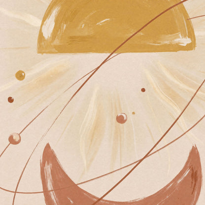 Close-up of the gold sun arc and terracotta crescent, showing the brushed matte paper surface.