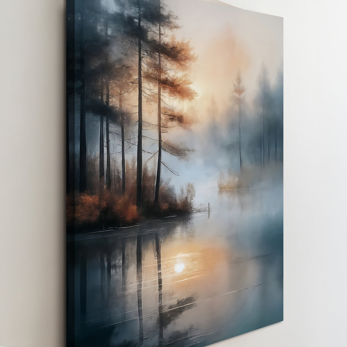 Close angled view of the misty lake canvas showing dark pines and their reflection