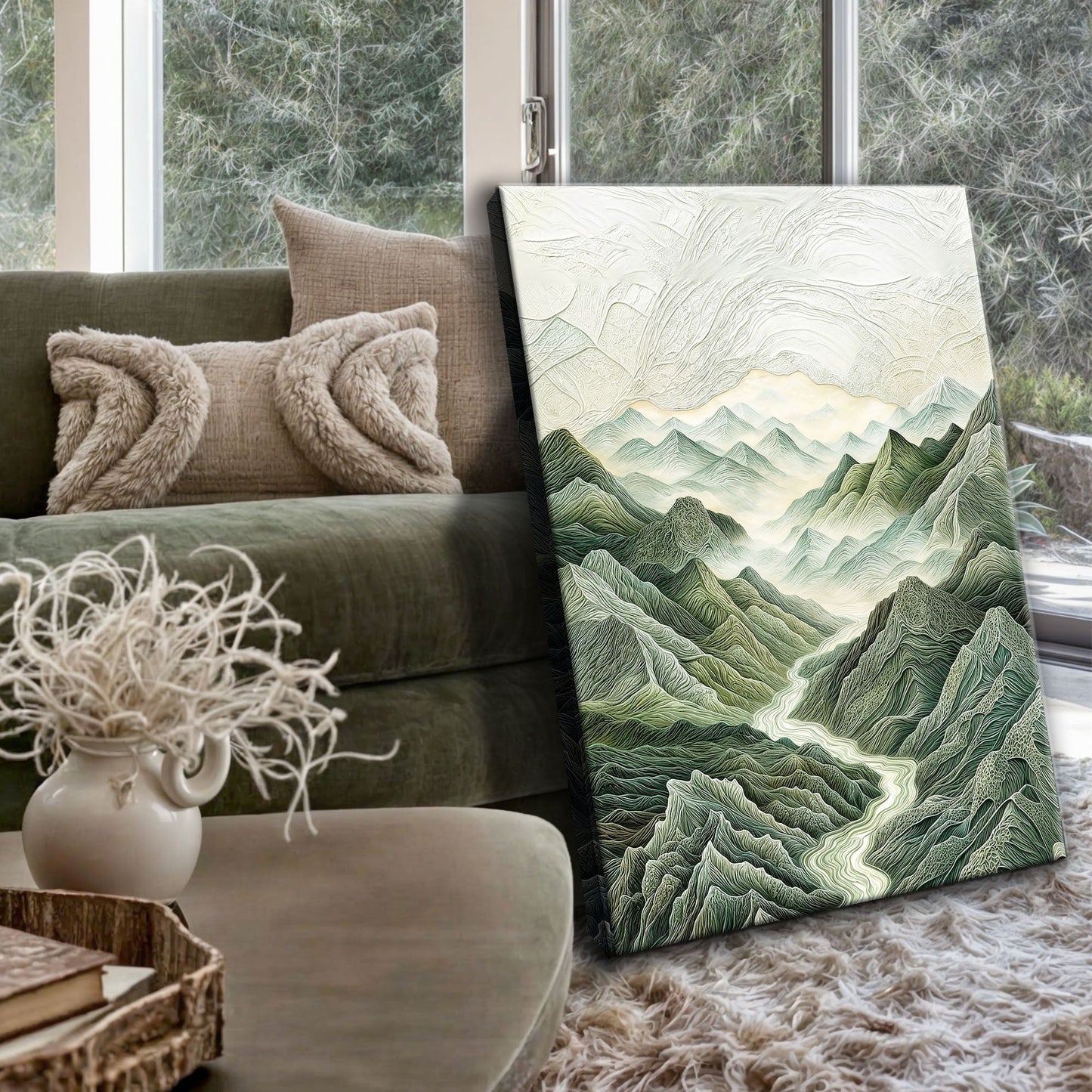 Abstract mountain and river landscape canvas wall art
