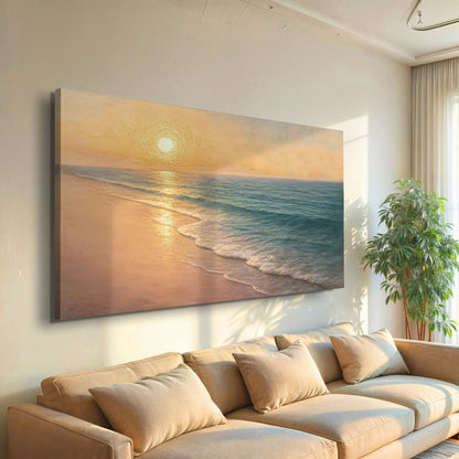 Warm Sunset Over the Shore canvas shown in a styled room setting, view 4