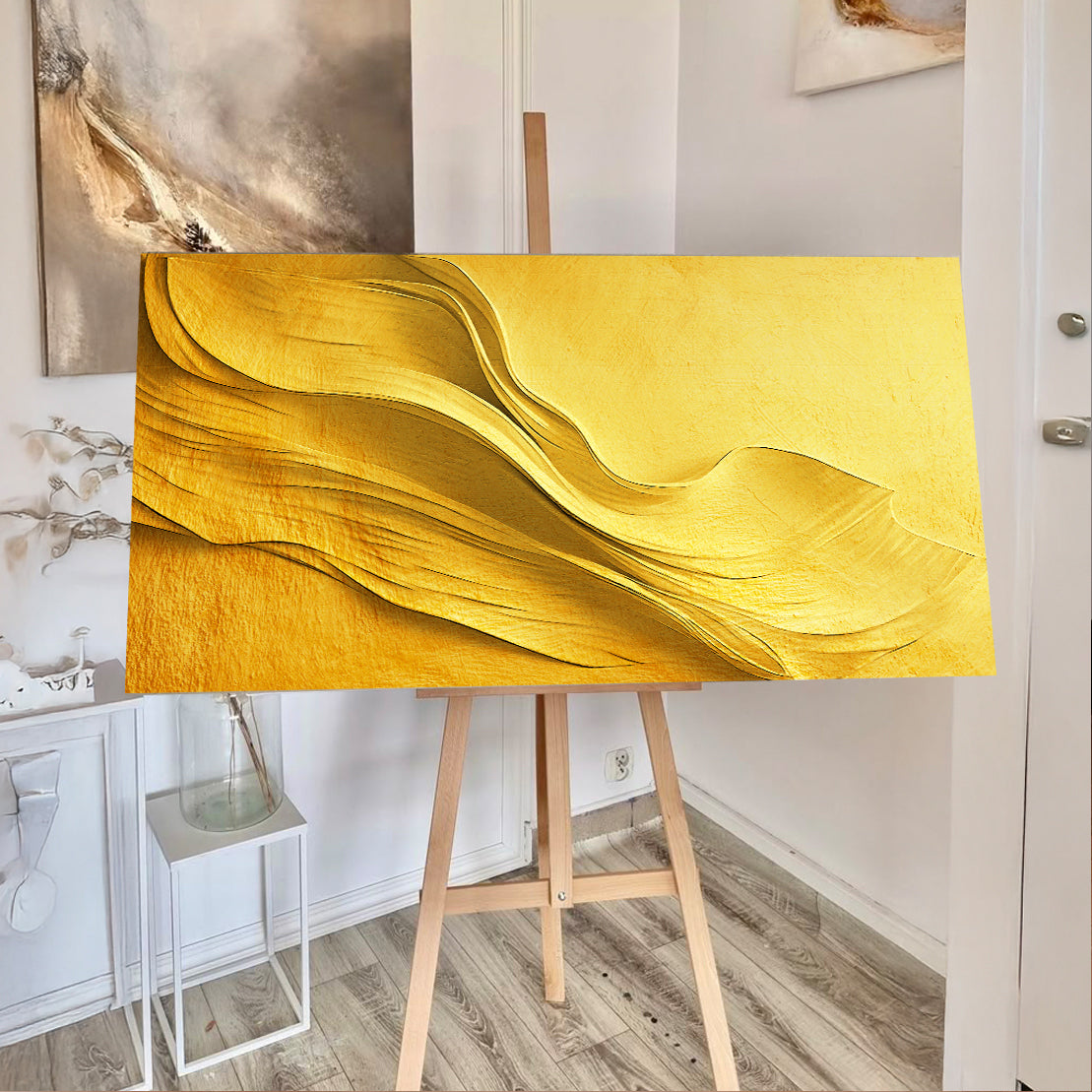 Golden Flowing Dune Waves canvas shown in a styled room setting, view 3