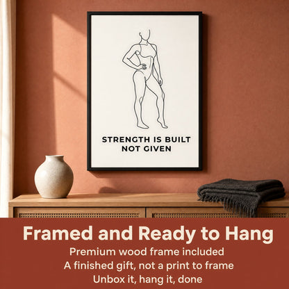 Framed Strength Is Built Not Given print on a wood sideboard, with an overlaid panel about the included frame