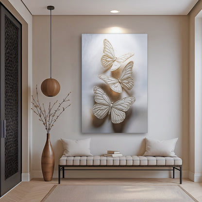 Three White Butterflies on White canvas shown in a styled room setting, view 3