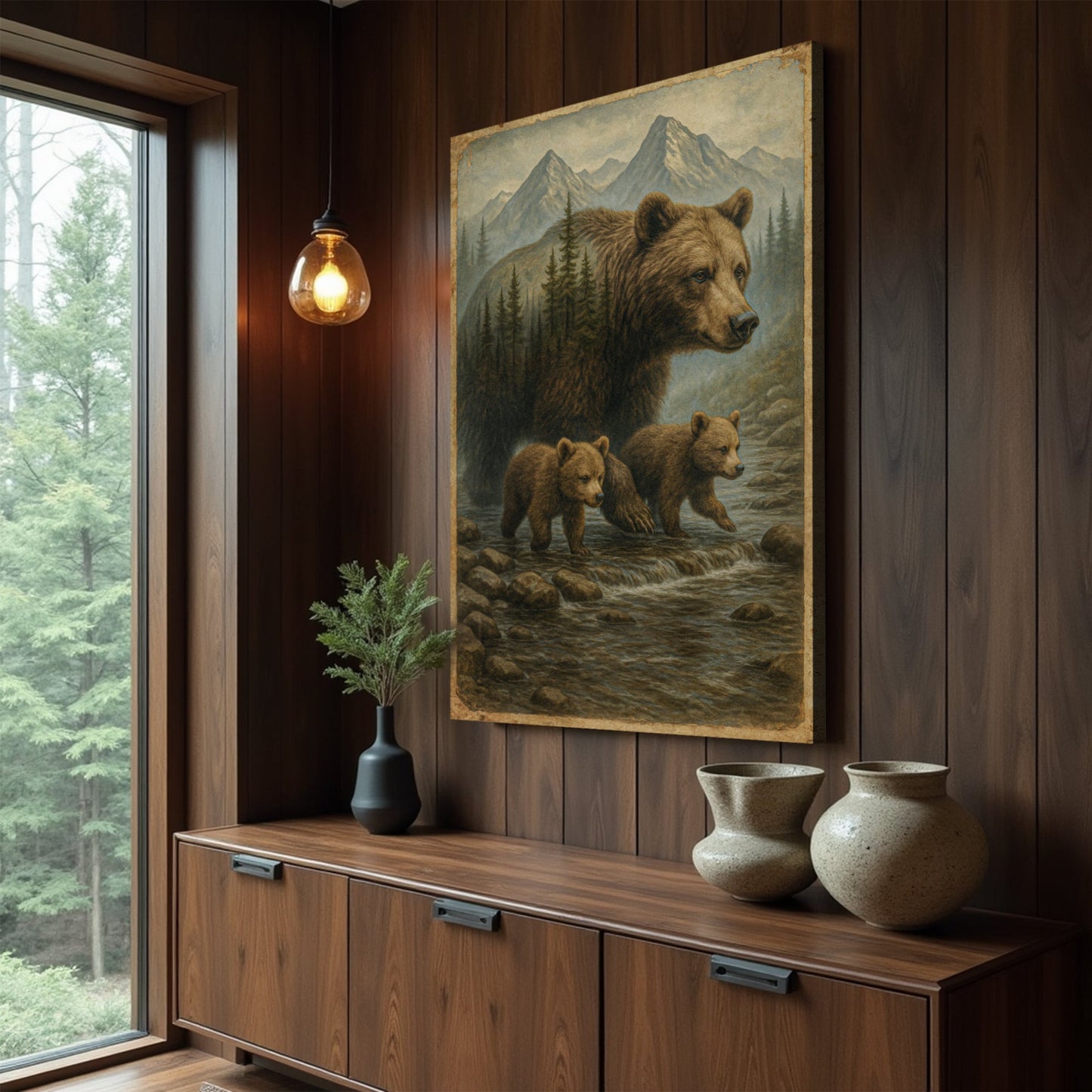 Mother Bear and Cubs Double Exposure Canvas Wall Art