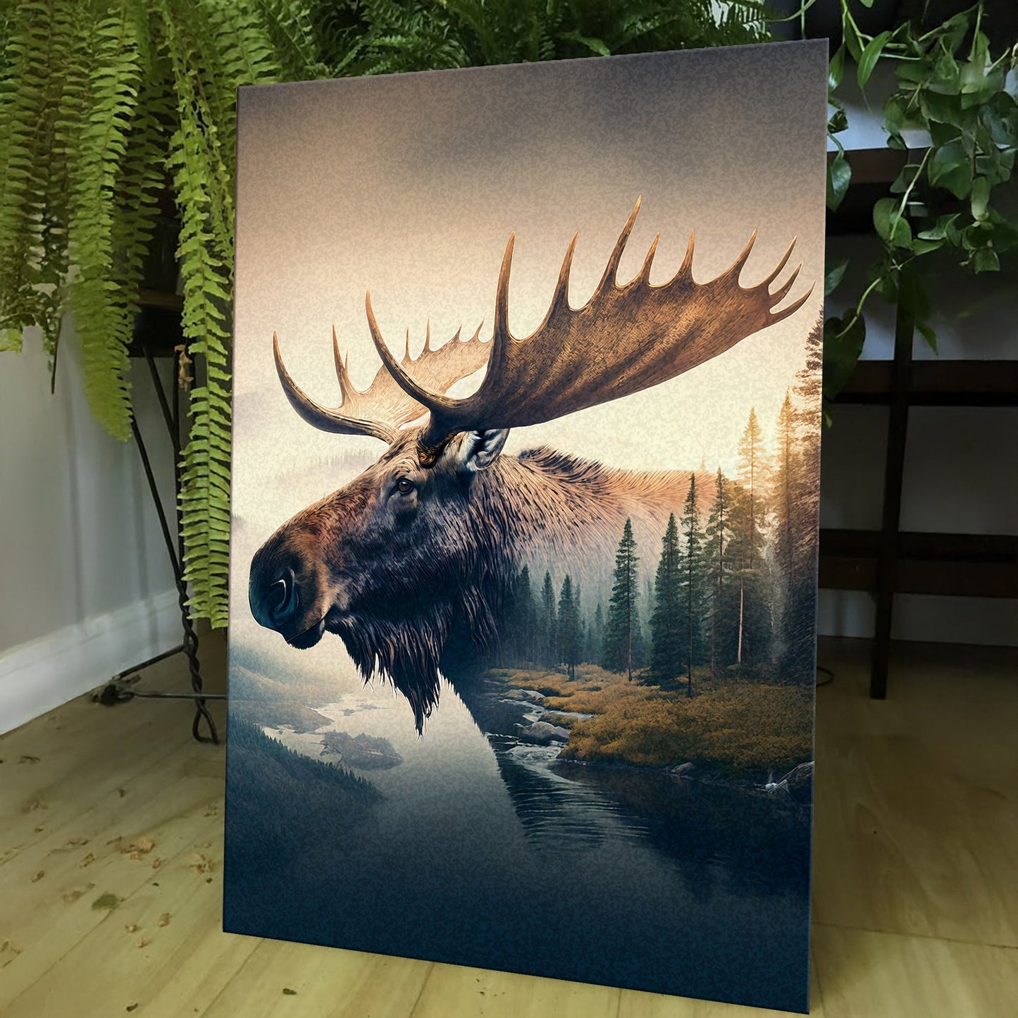 Moose double exposure canvas wall art with moose silhouette merged with dramatic wilderness landscape
