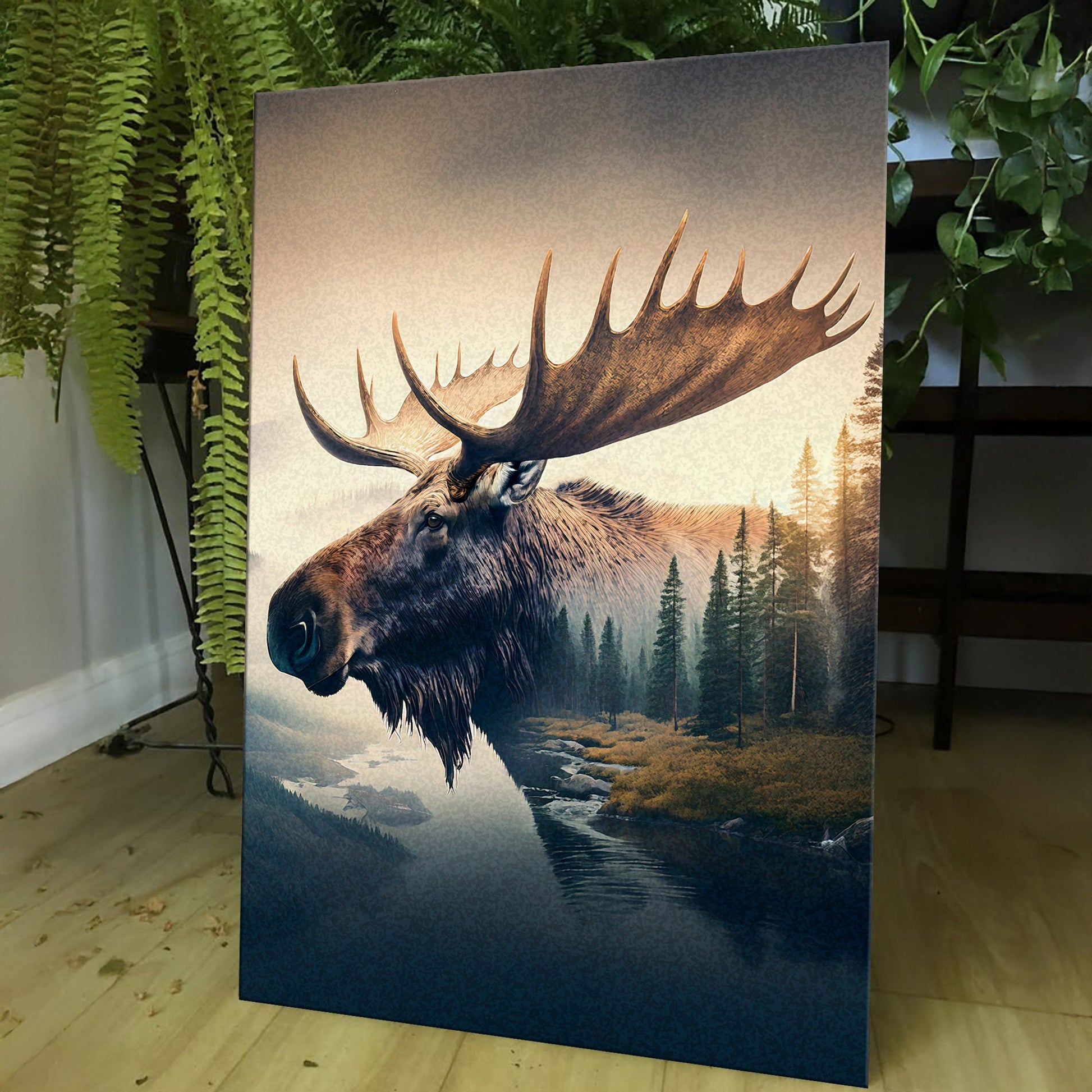 Moose double exposure canvas wall art with moose silhouette merged with dramatic wilderness landscape