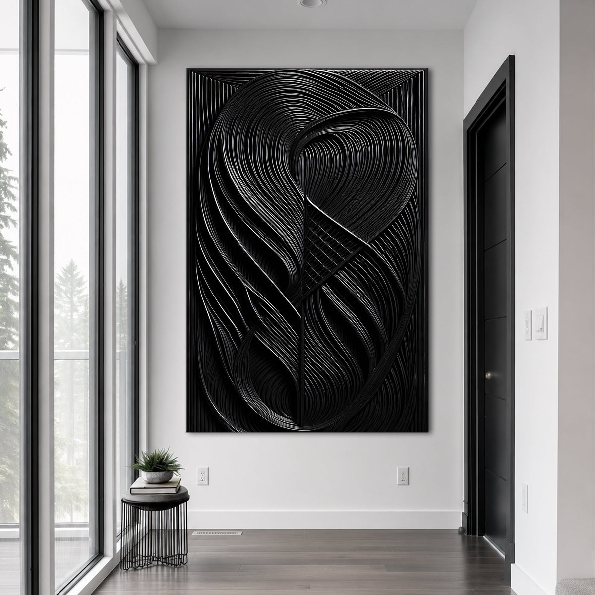 Black Looping Curves canvas shown in a styled room setting, view 3