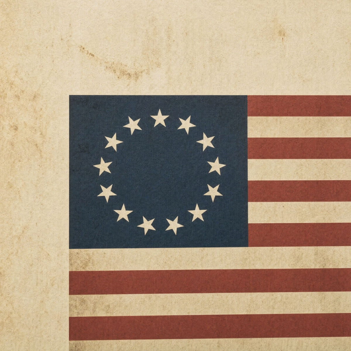 Close-up of the Betsy Ross thirteen-star ring on the navy canton of the 1776 We the People print, showing the aged parchment grain and matte printed stripes