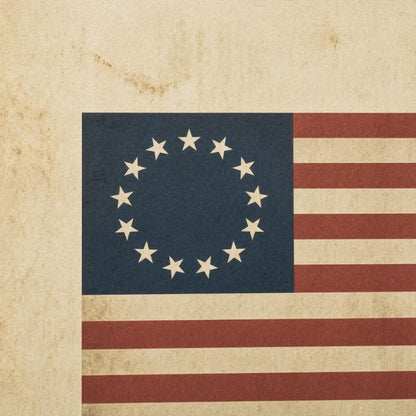 Close-up of the Betsy Ross thirteen-star ring on the navy canton of the 1776 We the People print, showing the aged parchment grain and matte printed stripes