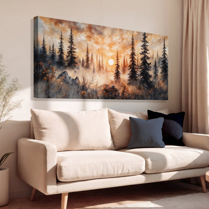 Pine Forest at a Glowing Sunset canvas shown in a styled room setting, view 2