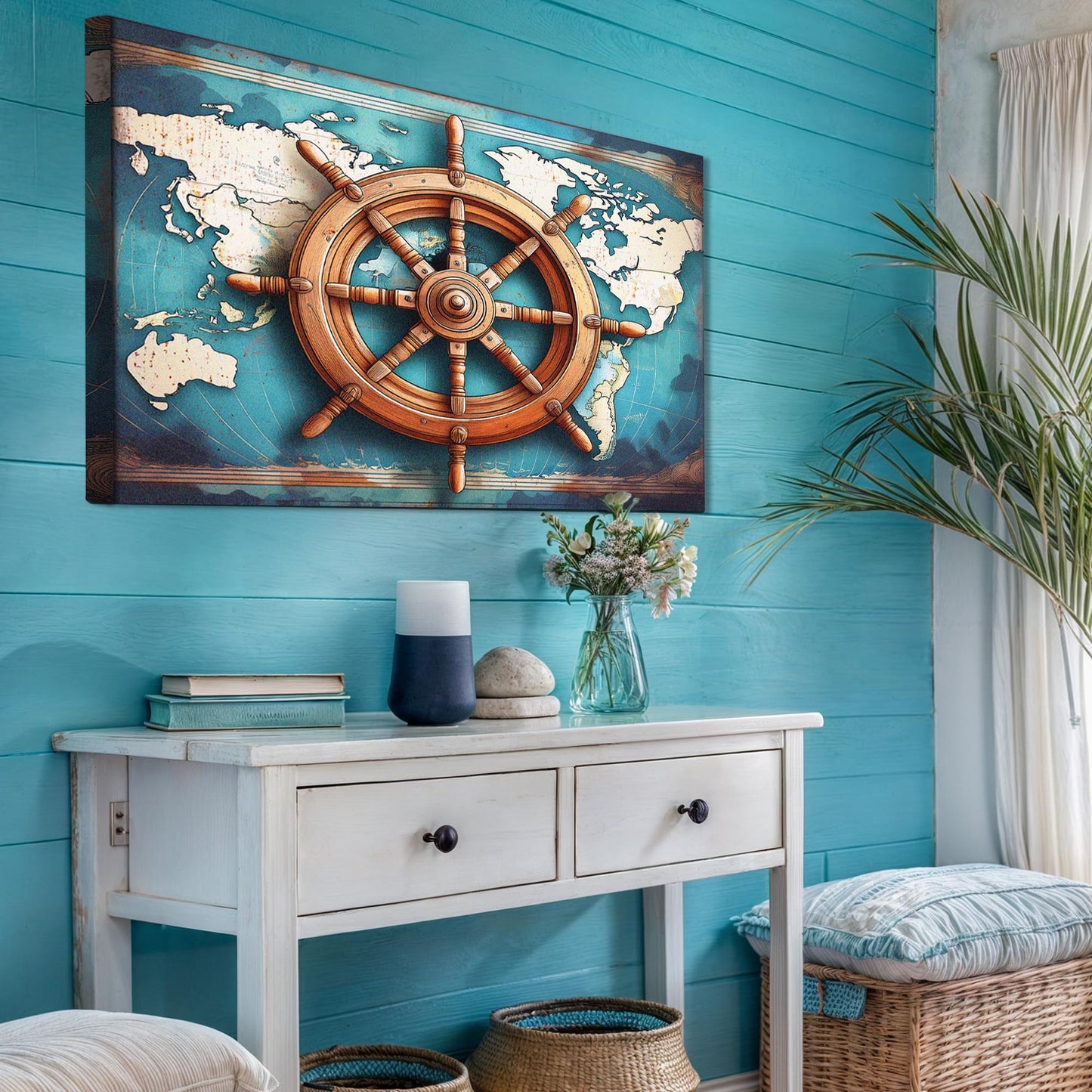 Sailboat and Ship Wheel Coastal Canvas Wall Art