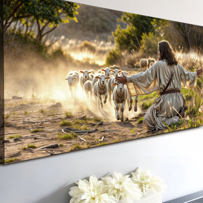 Jesus Welcoming His Flock Forest Clearing canvas shown in a styled room setting, view 4