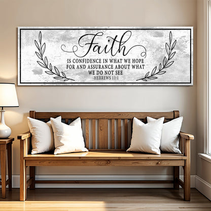 Hebrews 11:1 Faith Distressed-Look Grey Long canvas shown in a styled room setting, view 4