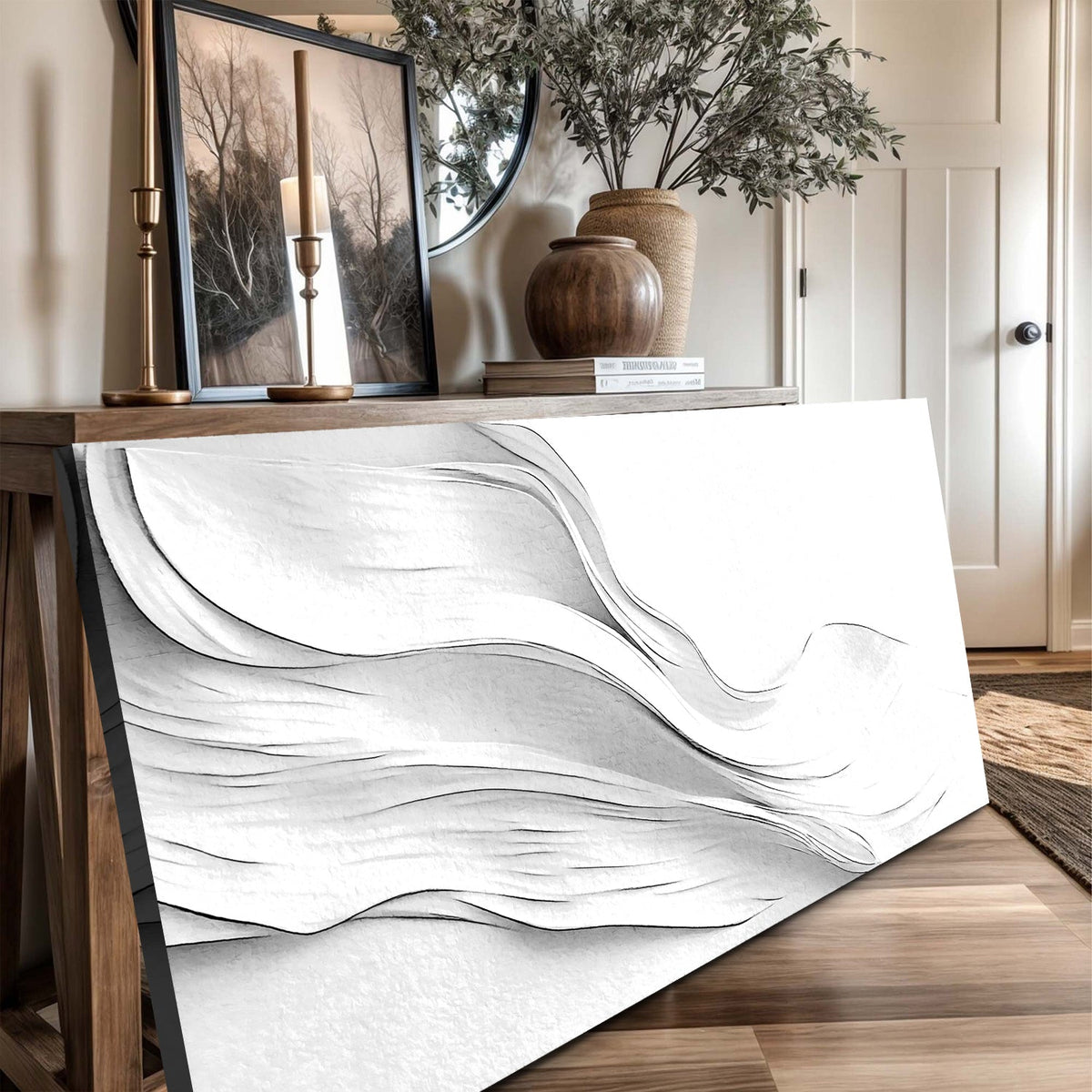 White-on-White Swirl Minimalist Abstract canvas shown in a styled room setting, view 4