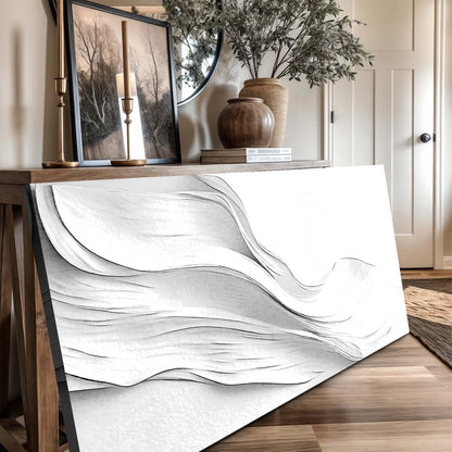 White-on-White Swirl Minimalist Abstract canvas shown in a styled room setting, view 4