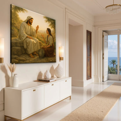 Samaritan Woman at the Well in Warm Greens canvas shown in a styled room setting, view 4