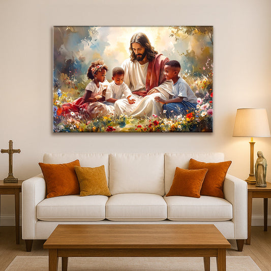 Jesus With Children Devotional Canvas Art