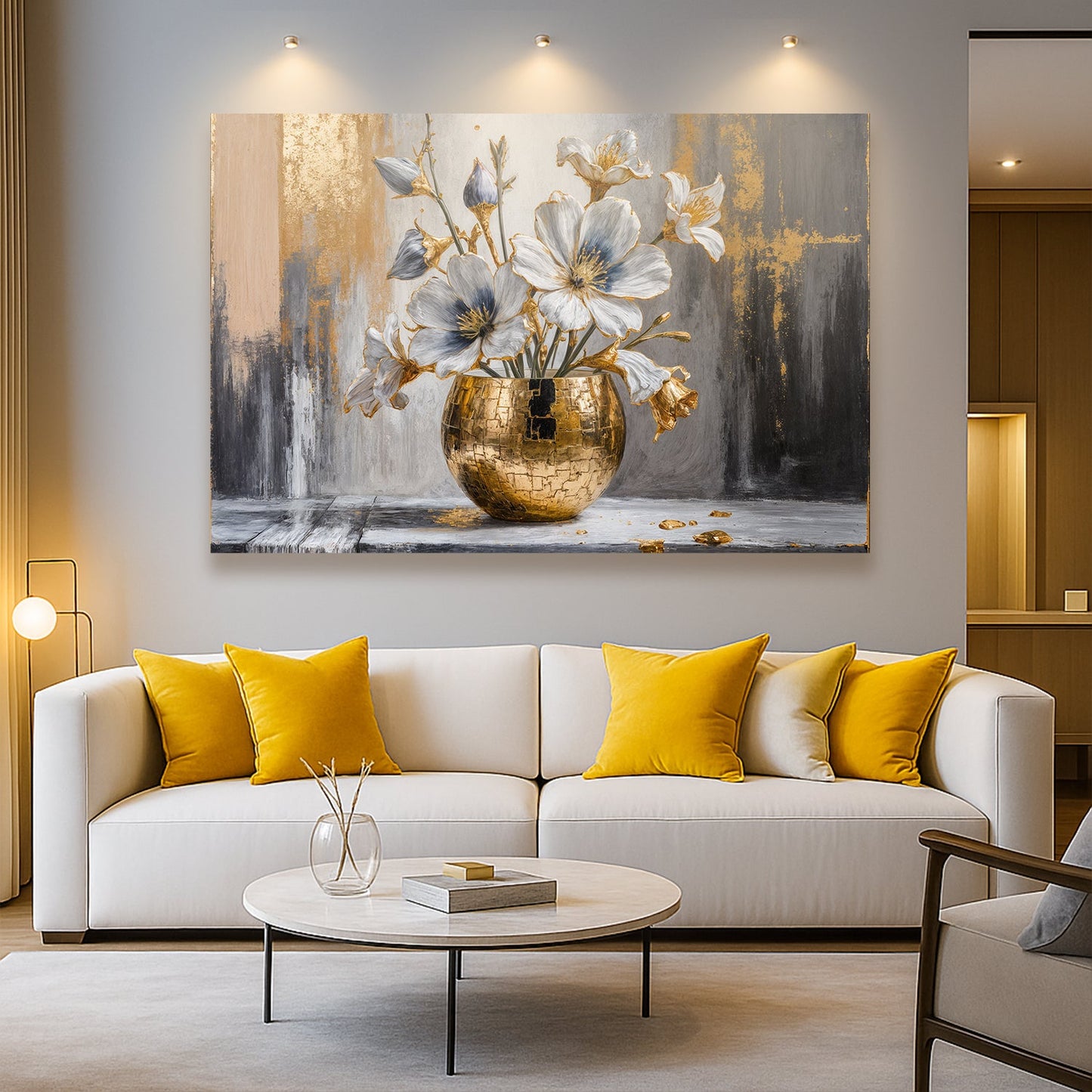 Magnolia Bloom in Gold Abstract Canvas Wall Art