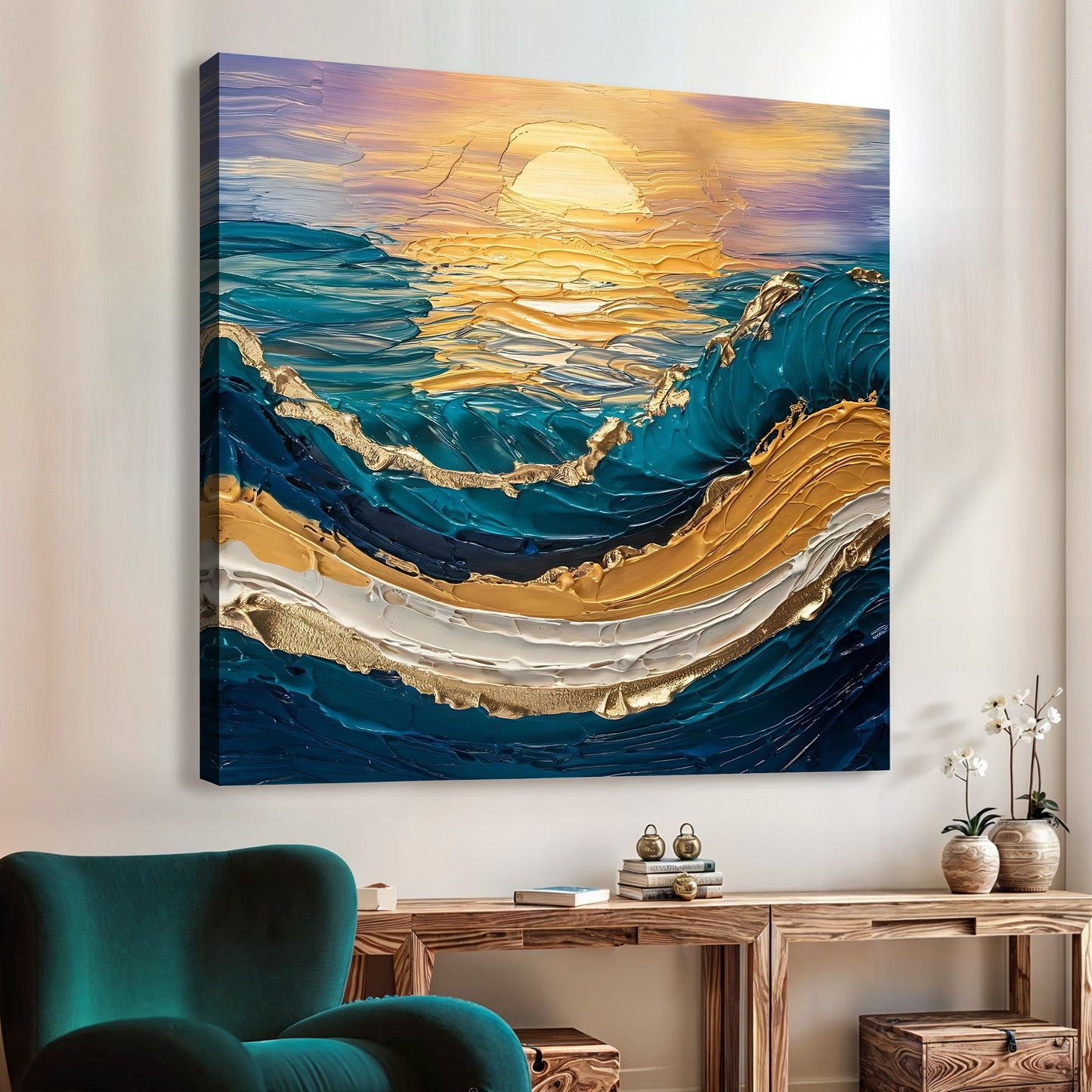 Golden hour sunset landscape canvas wall art with warm glowing light over nature scene