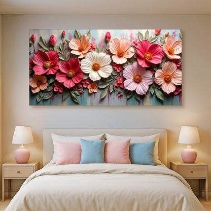Red and Coral Flowers Panoramic canvas shown in a styled room setting, view 4
