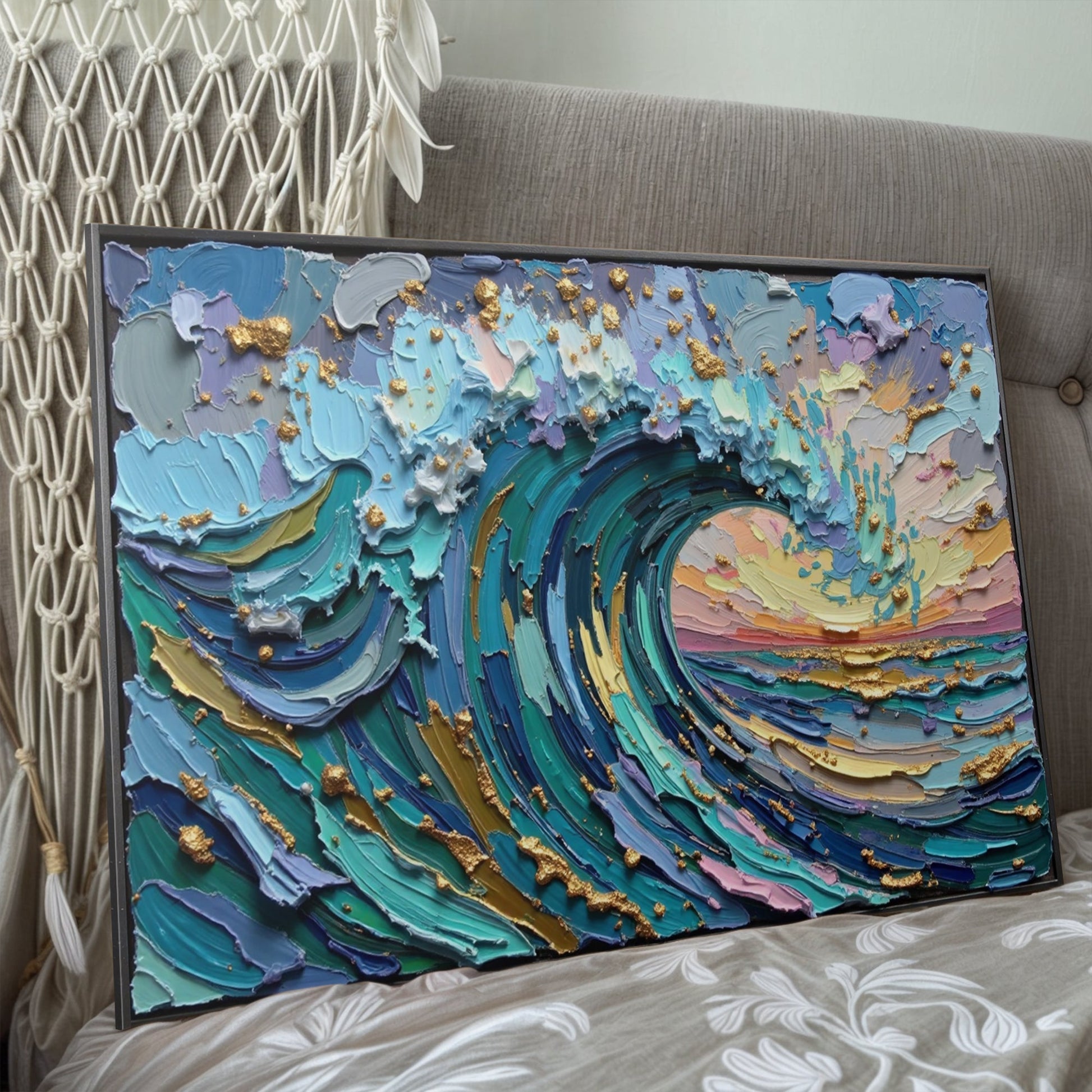 Golden tide coastal ocean canvas wall art with warm light on waves in soft golden tones