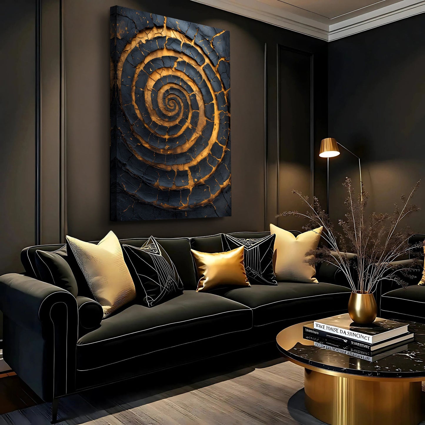 Black and Gold Spiral Abstract Canvas Wall Art