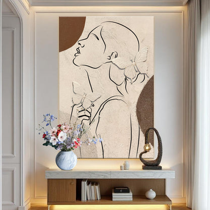 Woman Profile Line Art with Earth Tone Shape canvas shown in a styled room setting, view 4