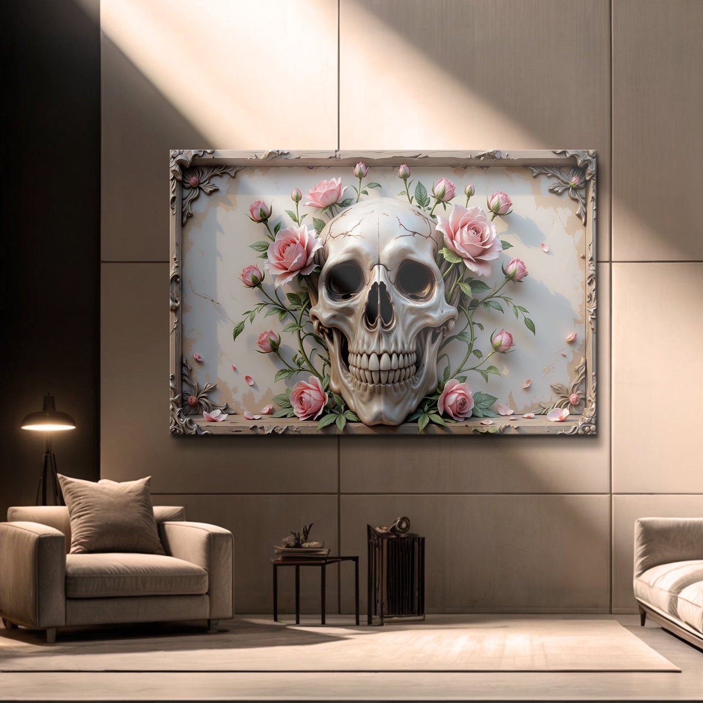 3D Rose and Skull Canvas Wall Art V