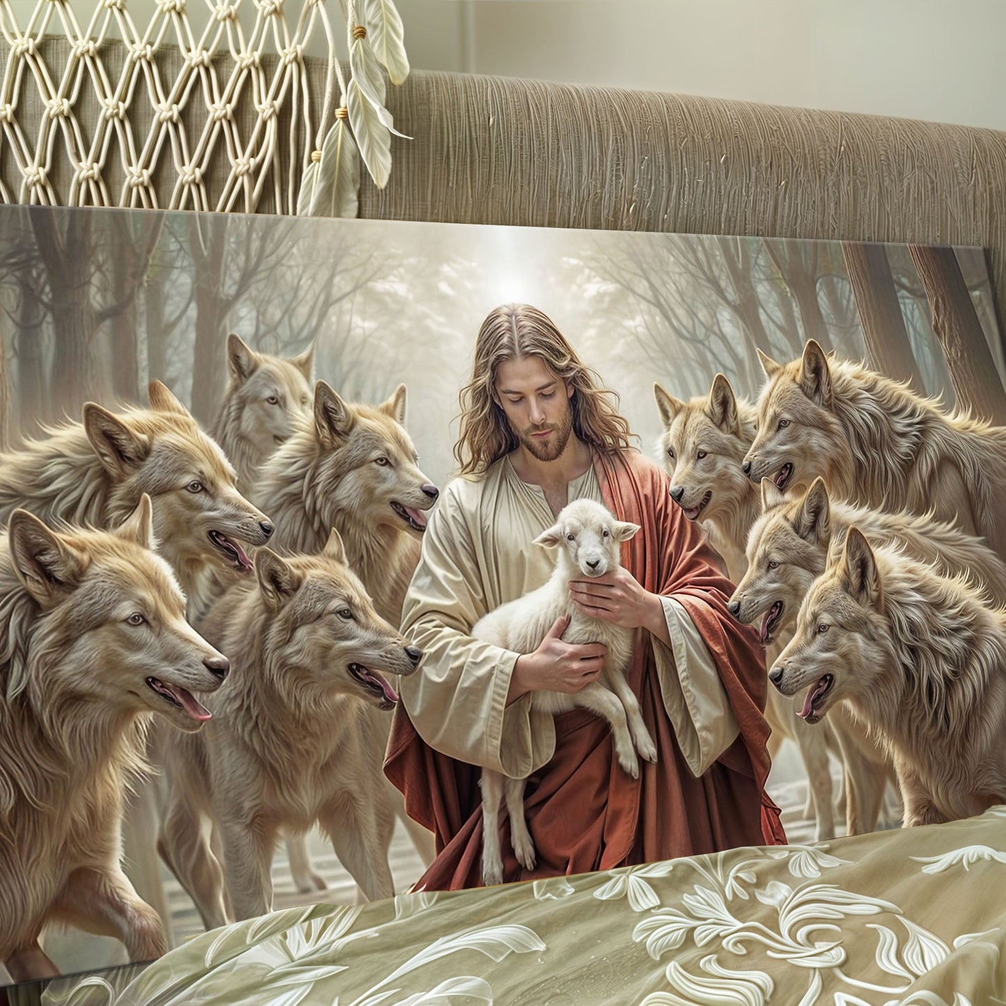 Good Shepherd Protects Lamb Canvas Wall Art Faith
