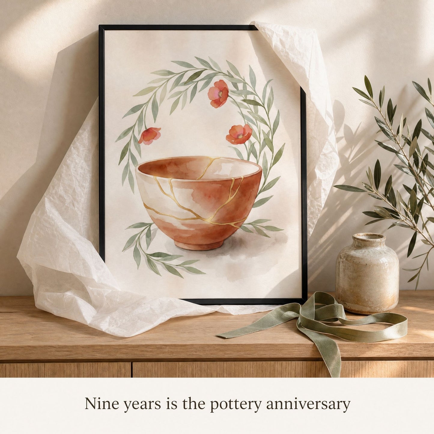 Kintsugi anniversary print half unwrapped from tissue on an oak sideboard, a ninth anniversary pottery gift