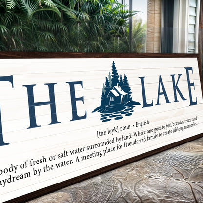 Angled close-up of The Lake Definition Cabin and Pines canvas, showing the side of the gallery wrap, view 4