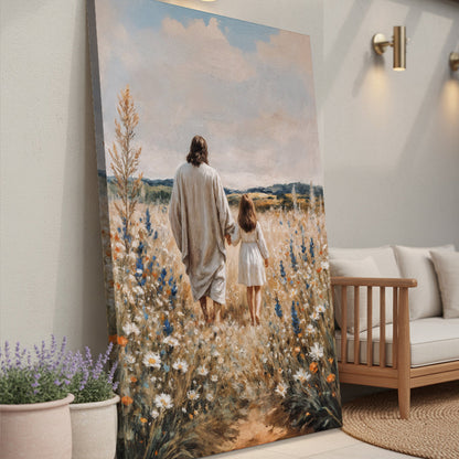 Jesus Walking With a Child in a Wildflower Meadow canvas shown in a styled room setting, view 5