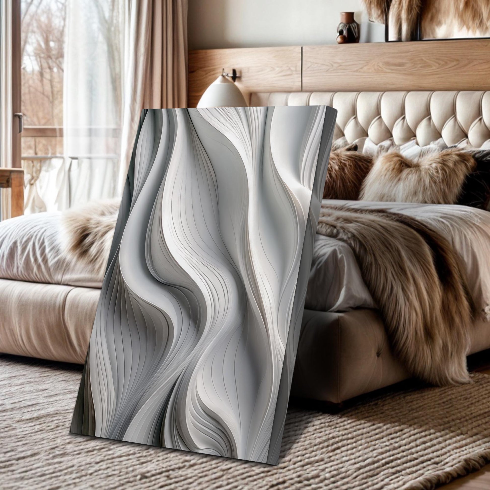 Monochrome waves abstract canvas wall art with flowing wave forms in refined black and white palette