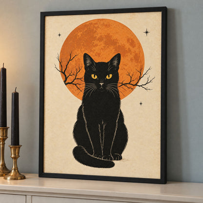 Framed black cat Halloween print leaning on a dining room sideboard beside two black taper candles