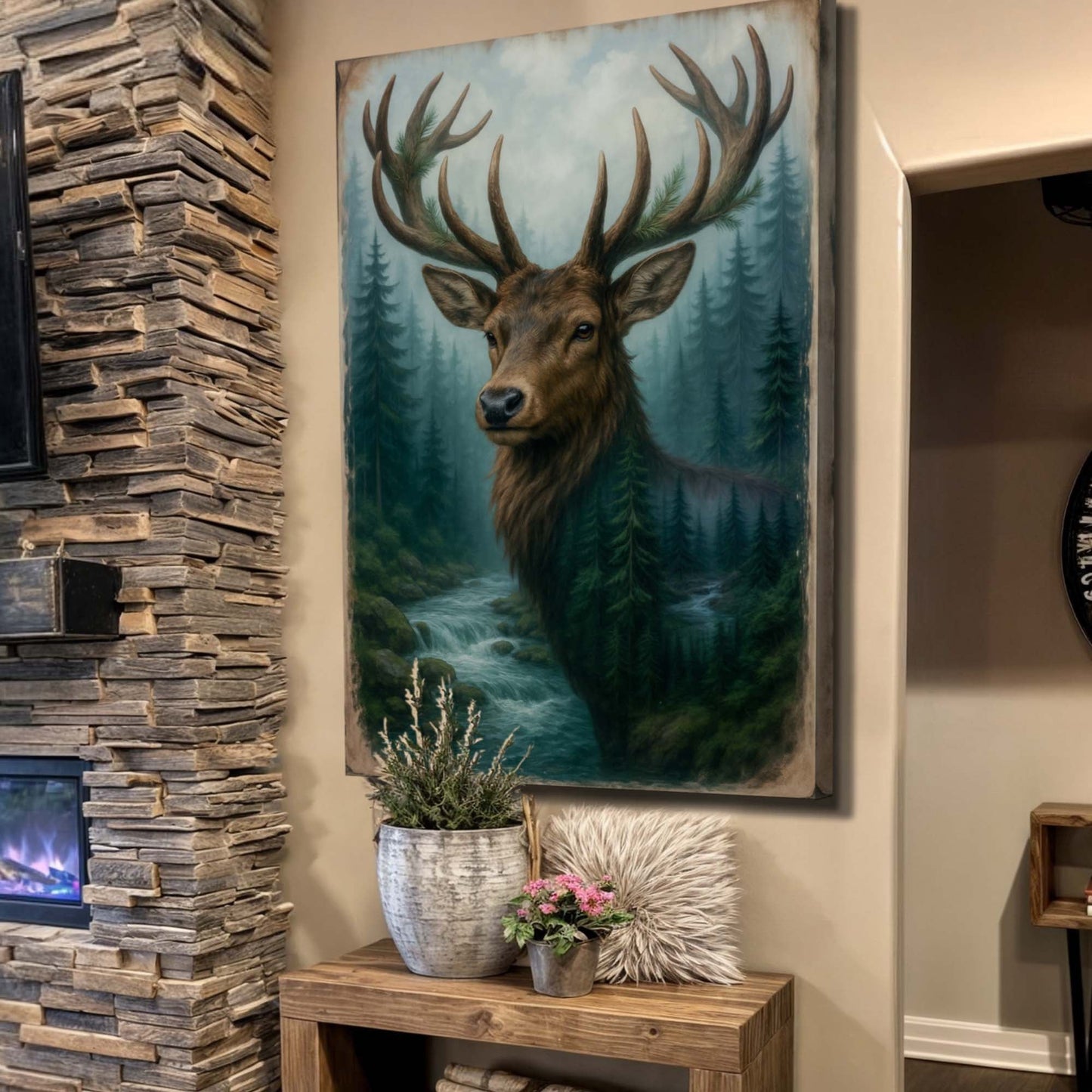 Misty Stag Double Exposure Canvas Wall Art