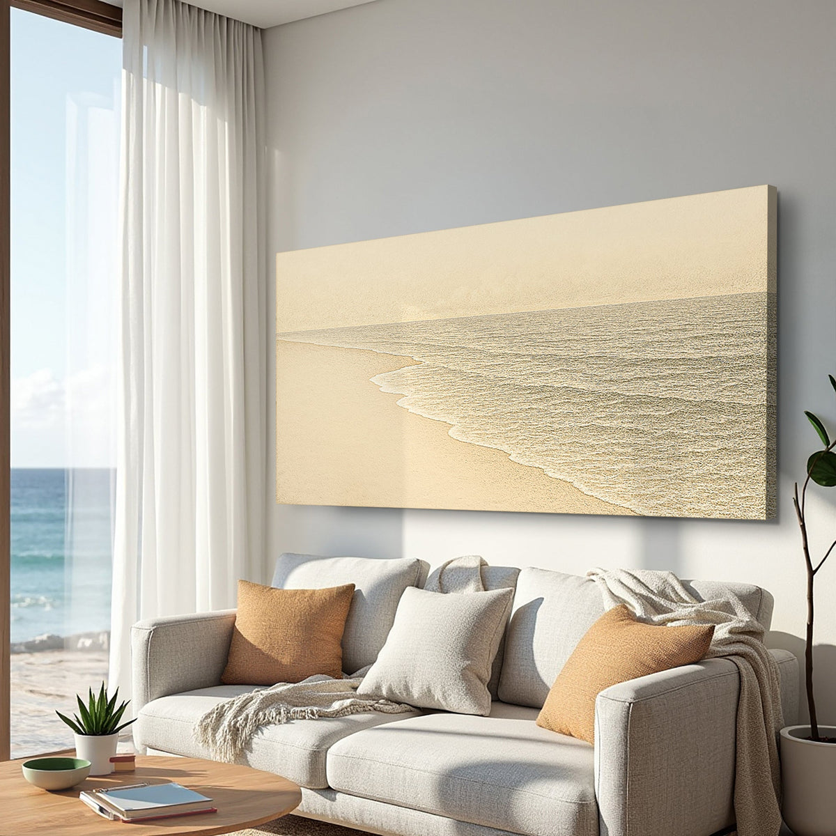 Cream Beach and White Surf canvas shown in a styled room setting, view 4