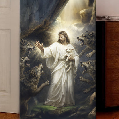 Jesus in White Among Wolves Dark Forest canvas shown in a styled room setting, view 4