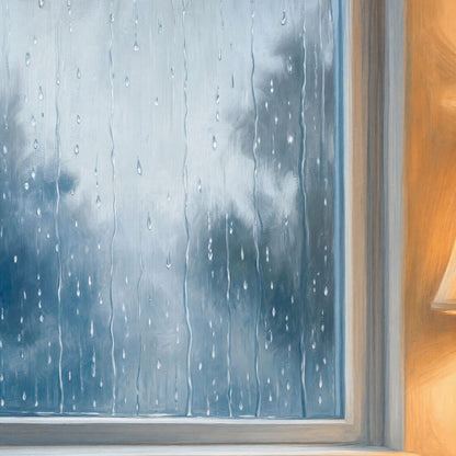 Close-up of rain running down the painted window in this moody print on semi-glossy art paper