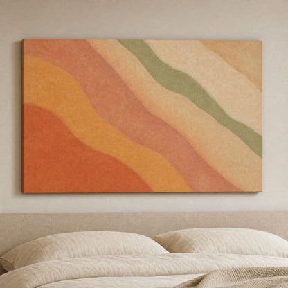 Earth tone abstract canvas hung above a bed with cream linen pillows
