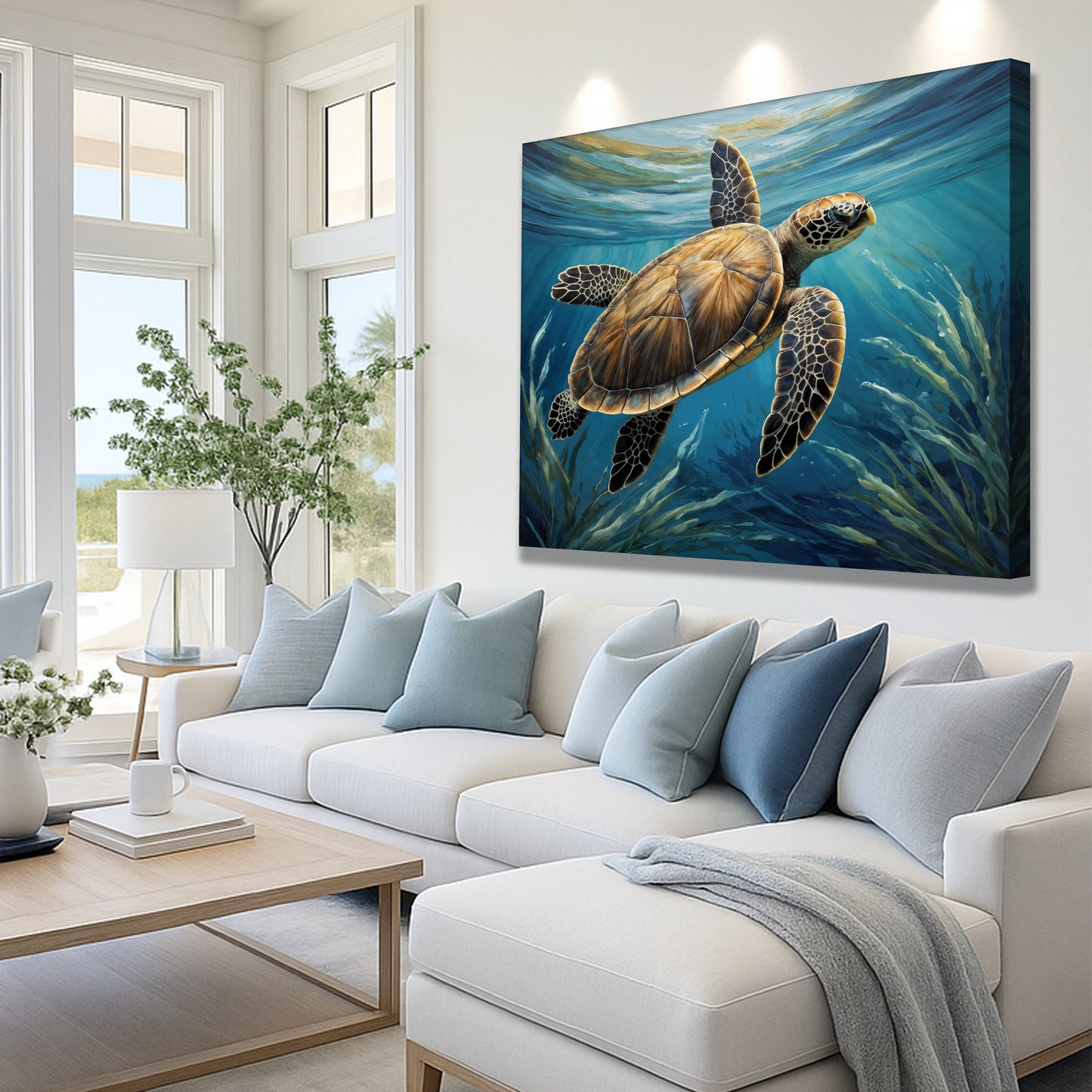 Turtle in Seagrass Coastal Canvas Wall Art
