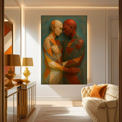 Geometric Couple Embrace in Copper Tones canvas shown in a styled room setting, view 5