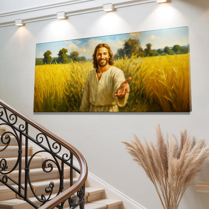 Smiling Jesus in a Golden Wheat Field canvas shown in a styled room setting, view 4