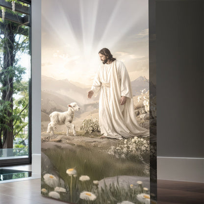 Jesus in Rays of Light With a Lamb canvas shown in a styled room setting, view 4