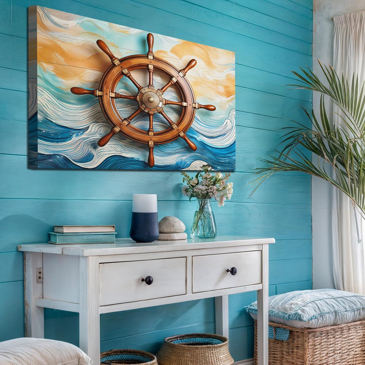 Sailboat and Ship Wheel Coastal Canvas Wall Art II