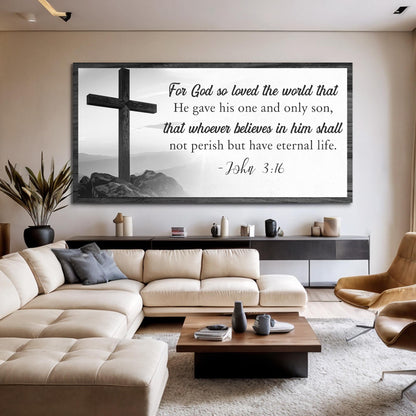 John 3:16 Black and White Cross Sign canvas shown in a styled room setting, view 4
