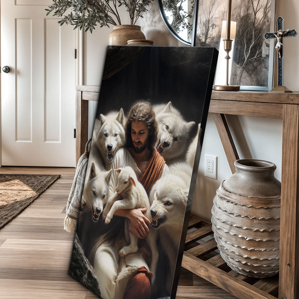 Jesus Protects the Lamb from Wolves Faith Canvas Art
