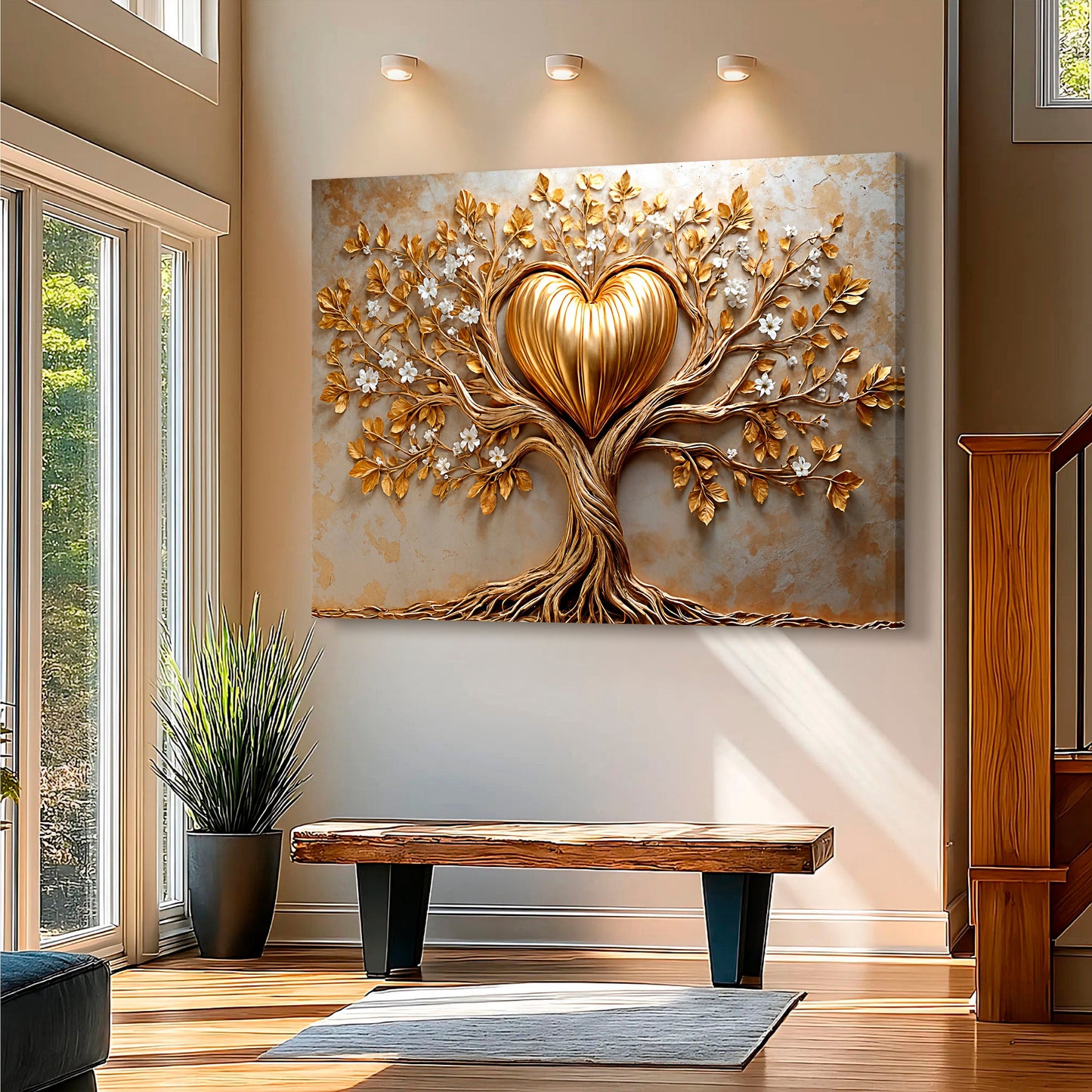 Golden Tree Heart Canvas Wall Art - Nature Love Print