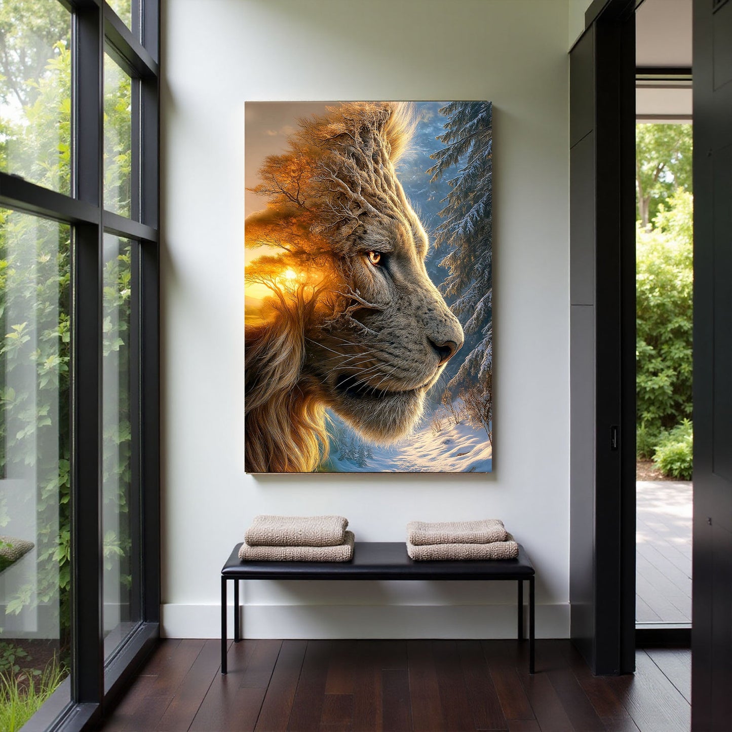 Lion Winter Summer Surrealism Canvas Wall Art