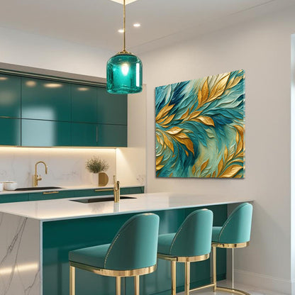 Teal and Gold Feather Leaves canvas shown in a styled room setting, view 5