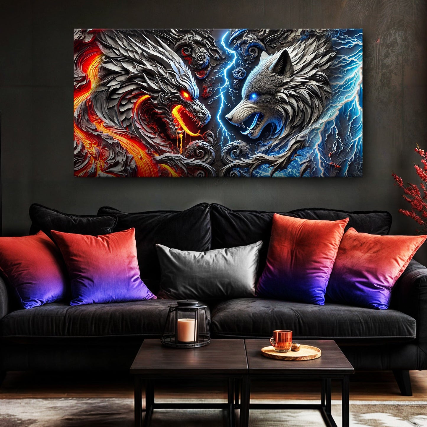 3D Dragon and Wolf Canvas Wall Art IV